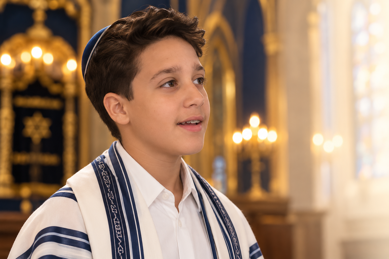 Lyor de profil, portant son talith et sa kippa à la synagogue